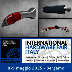 Logo of the International Hardware Fair Italy, with the S2 utility knife and a trapezoidal blade that cuts through cardboard above it